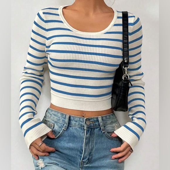 SHEIN Striped White and Blue Ribbed Knit Crop Sweater - Picture 3 of 7